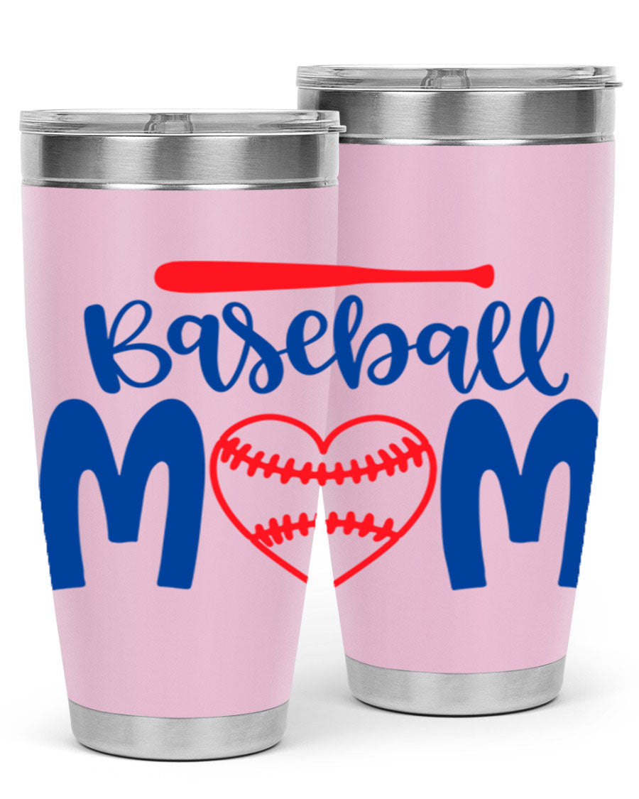 Baseball Mom 20oz Tumbler in stainless steel with a vibrant design, featuring a drink-thru lid and double wall vacuum insulation.