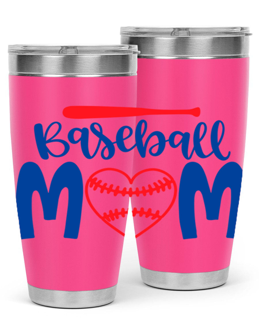 Baseball Mom 20oz Tumbler in stainless steel with a vibrant design, featuring a drink-thru lid and double wall vacuum insulation.