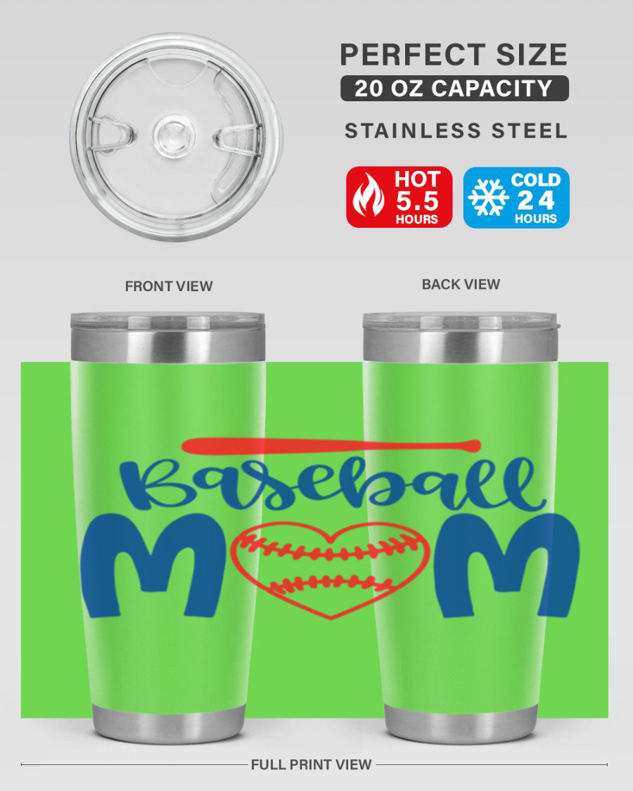 Baseball Mom 20oz Tumbler in stainless steel with a vibrant design, featuring a drink-thru lid and double wall vacuum insulation.