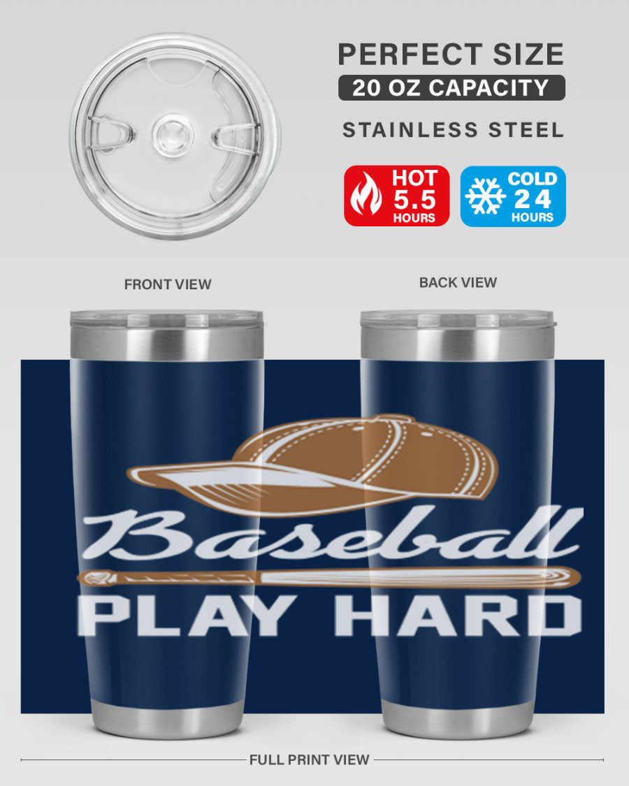 Baseball play 1444# Tumbler in stainless steel with a drink-thru lid, showcasing its sleek design and vibrant baseball-themed print.