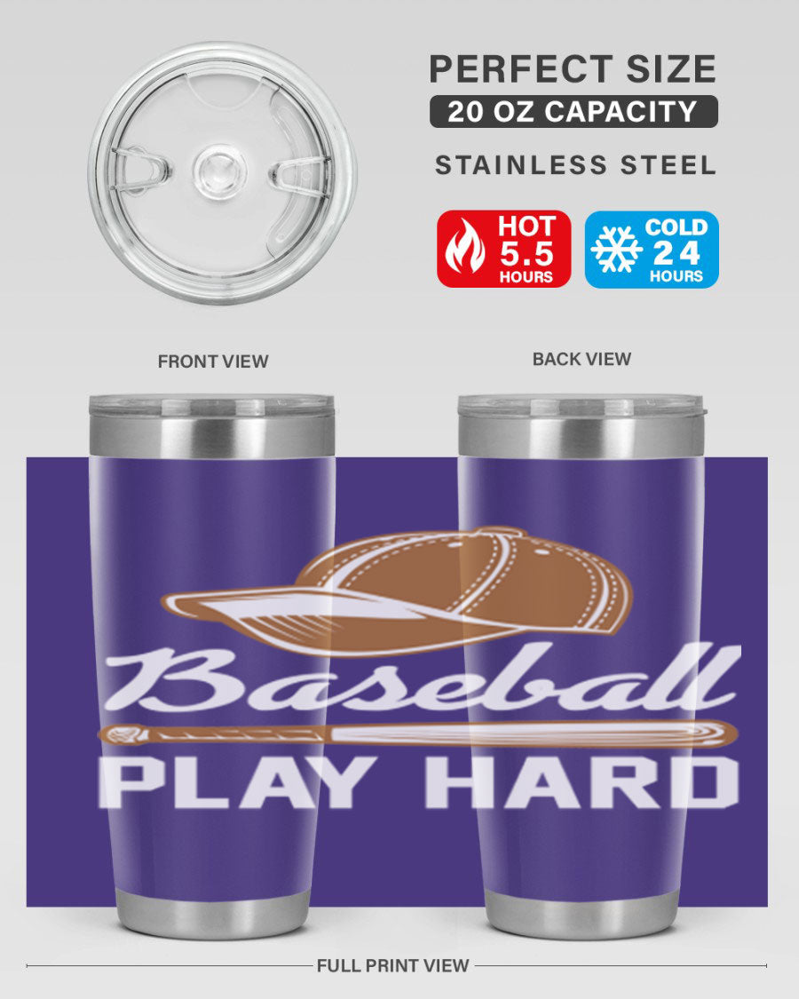 Baseball play 1444# Tumbler in stainless steel with a drink-thru lid, showcasing its sleek design and vibrant baseball-themed print.