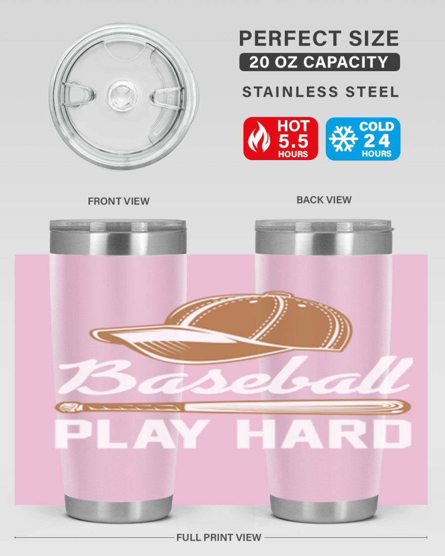 Baseball play 1444# Tumbler in stainless steel with a drink-thru lid, showcasing its sleek design and vibrant baseball-themed print.