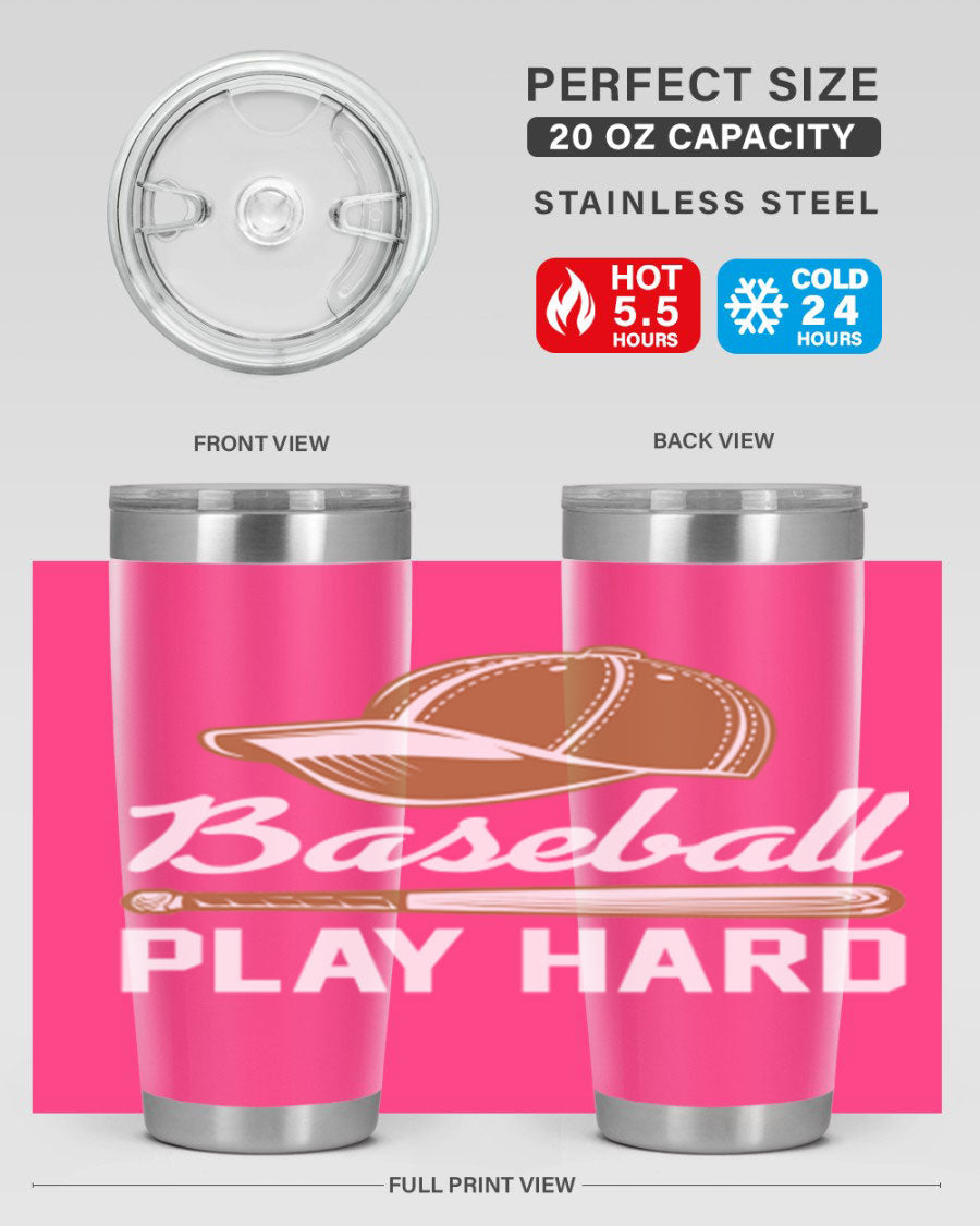 Baseball play 1444# Tumbler in stainless steel with a drink-thru lid, showcasing its sleek design and vibrant baseball-themed print.