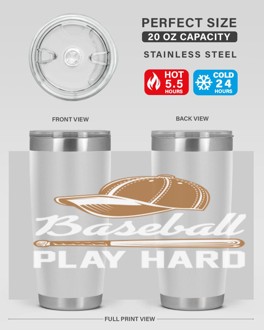 Baseball play 1444# Tumbler in stainless steel with a drink-thru lid, showcasing its sleek design and vibrant baseball-themed print.