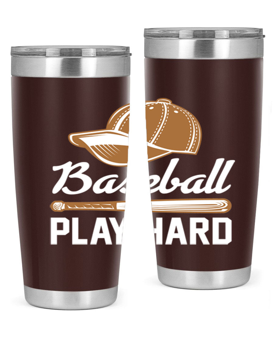 Baseball play 1444# Tumbler in stainless steel with a drink-thru lid, showcasing its sleek design and vibrant baseball-themed print.