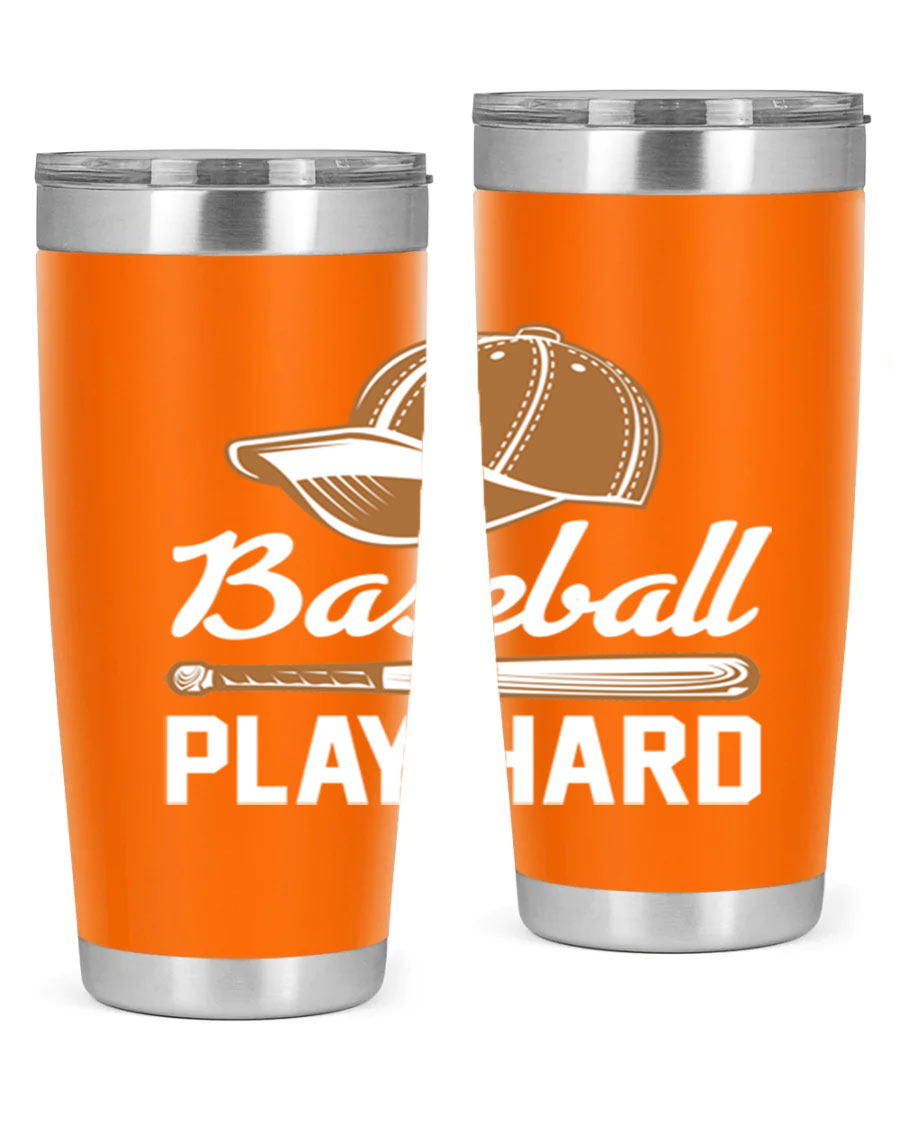 Baseball play 1444# Tumbler in stainless steel with a drink-thru lid, showcasing its sleek design and vibrant baseball-themed print.