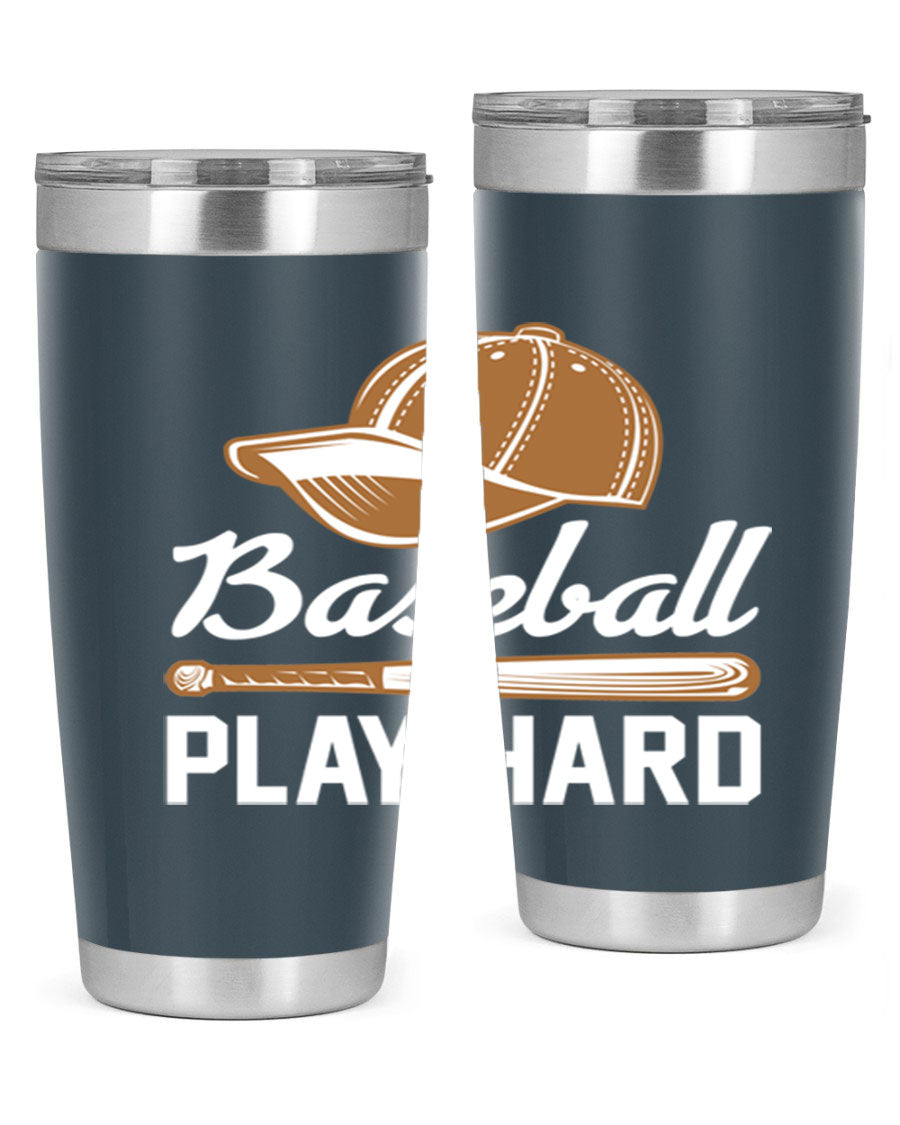 Baseball play 1444# Tumbler in stainless steel with a drink-thru lid, showcasing its sleek design and vibrant baseball-themed print.