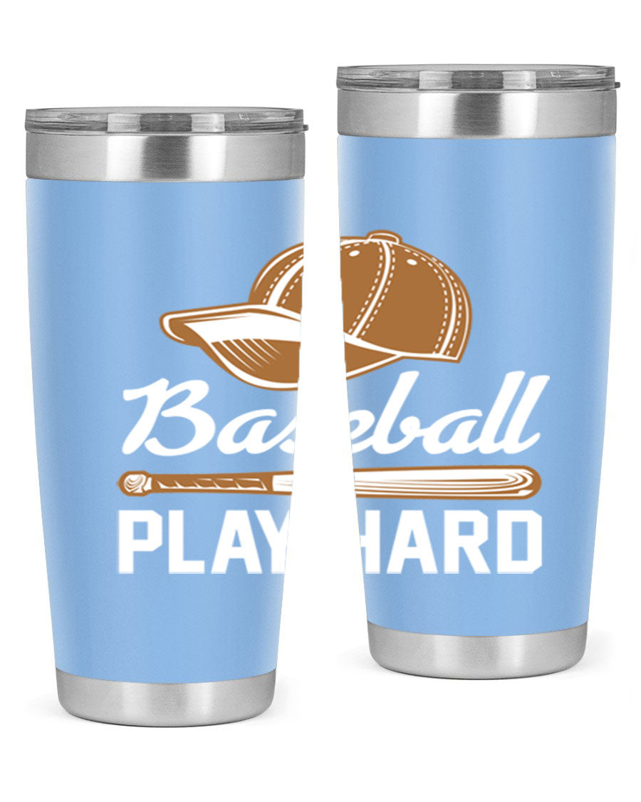 Baseball play 1444# Tumbler in stainless steel with a drink-thru lid, showcasing its sleek design and vibrant baseball-themed print.