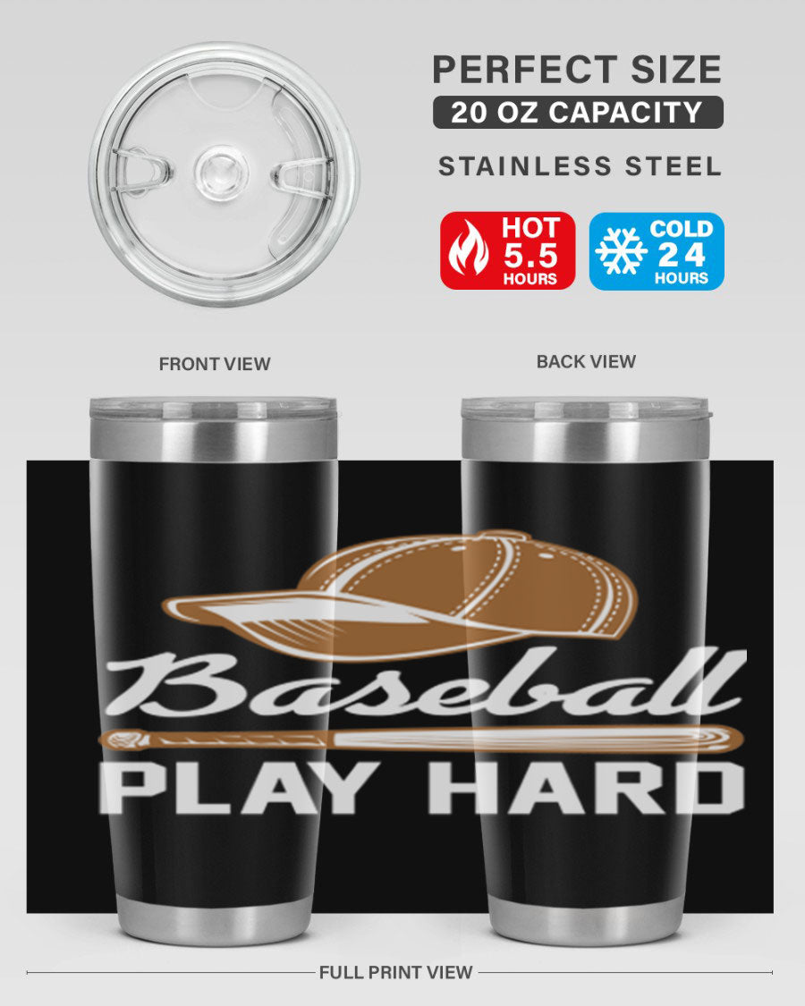 Baseball play 1444# Tumbler in stainless steel with a drink-thru lid, showcasing its sleek design and vibrant baseball-themed print.