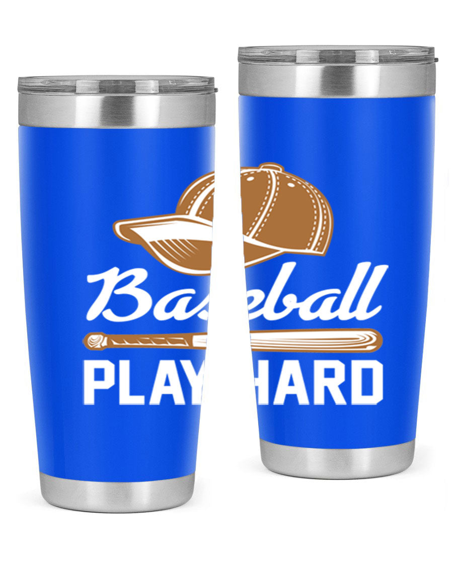 Baseball play 1444# Tumbler in stainless steel with a drink-thru lid, showcasing its sleek design and vibrant baseball-themed print.