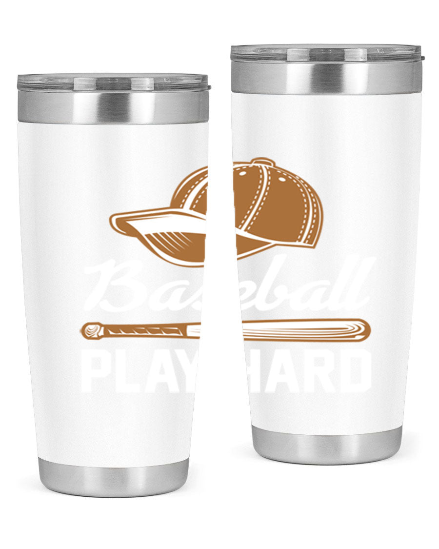 Baseball play 1444# Tumbler in stainless steel with a drink-thru lid, showcasing its sleek design and vibrant baseball-themed print.