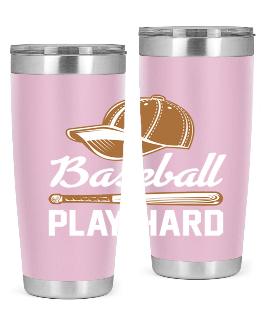 Baseball play 1444# Tumbler in stainless steel with a drink-thru lid, showcasing its sleek design and vibrant baseball-themed print.