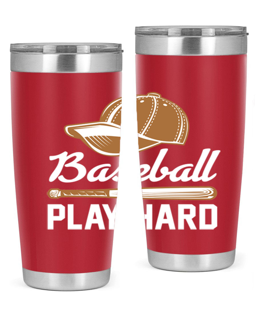 Baseball play 1444# Tumbler in stainless steel with a drink-thru lid, showcasing its sleek design and vibrant baseball-themed print.