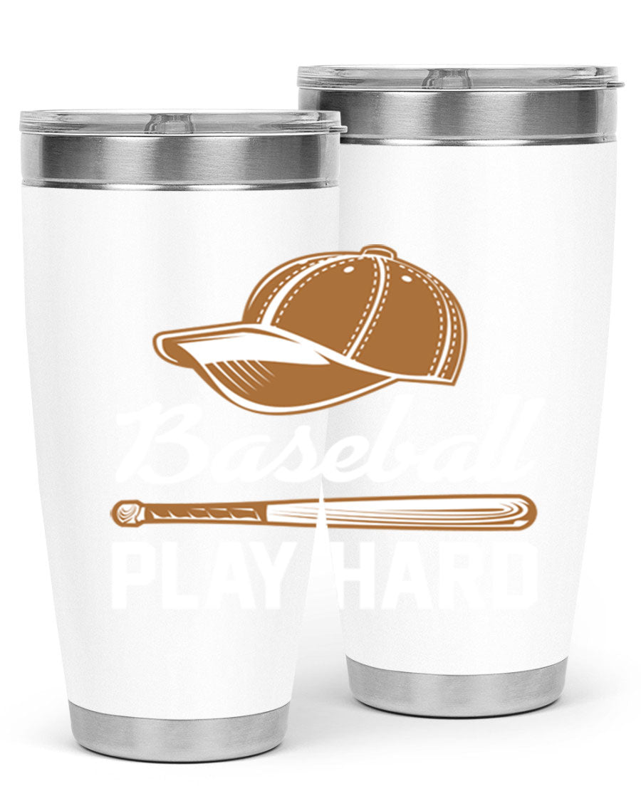 Baseball play 1444# Tumbler in stainless steel with a drink-thru lid, showcasing its sleek design and vibrant baseball-themed print.