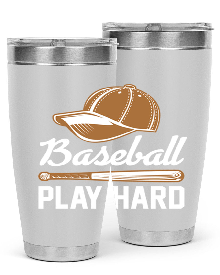 Baseball play 1444# Tumbler in stainless steel with a drink-thru lid, showcasing its sleek design and vibrant baseball-themed print.