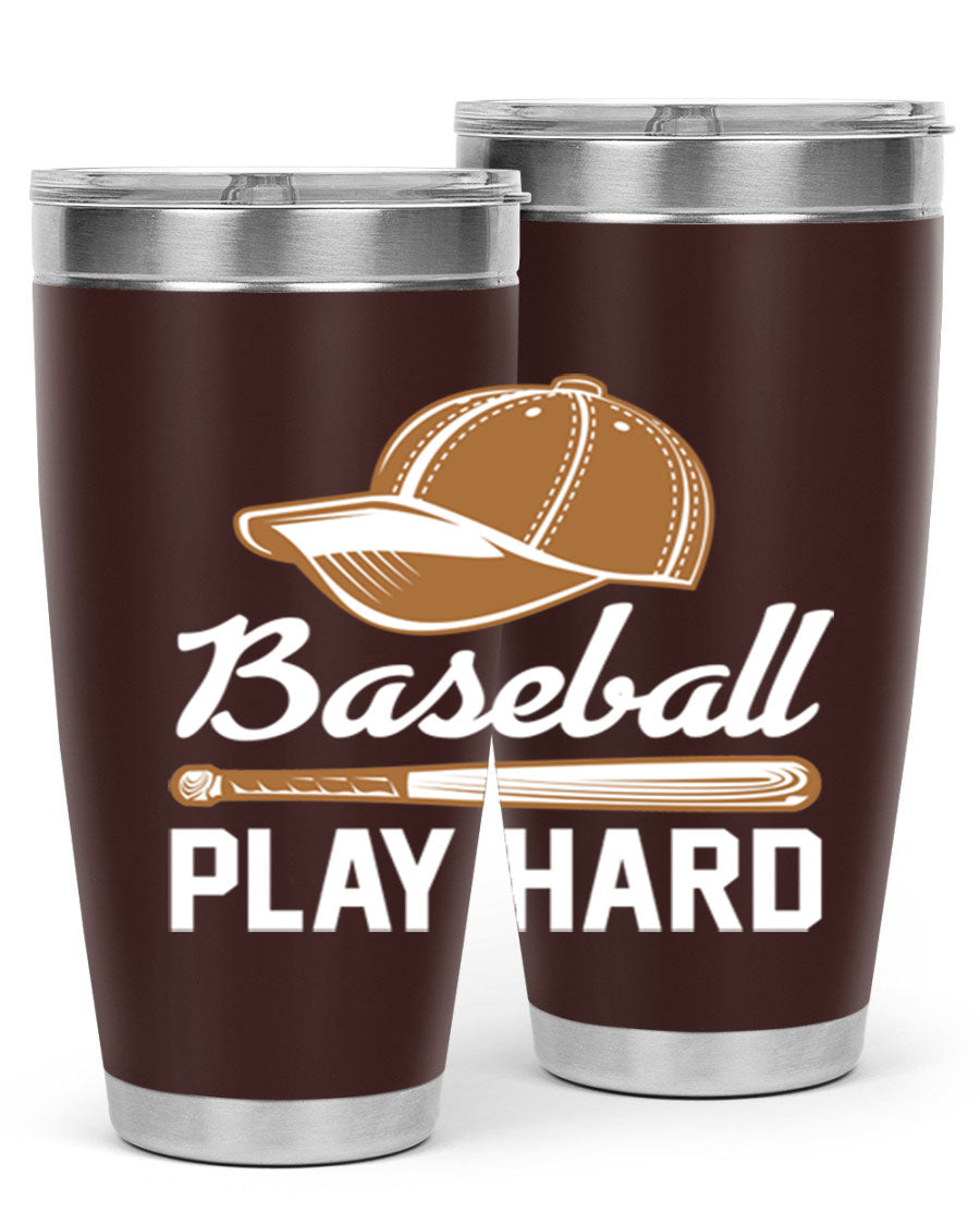 Baseball play 1444# Tumbler in stainless steel with a drink-thru lid, showcasing its sleek design and vibrant baseball-themed print.