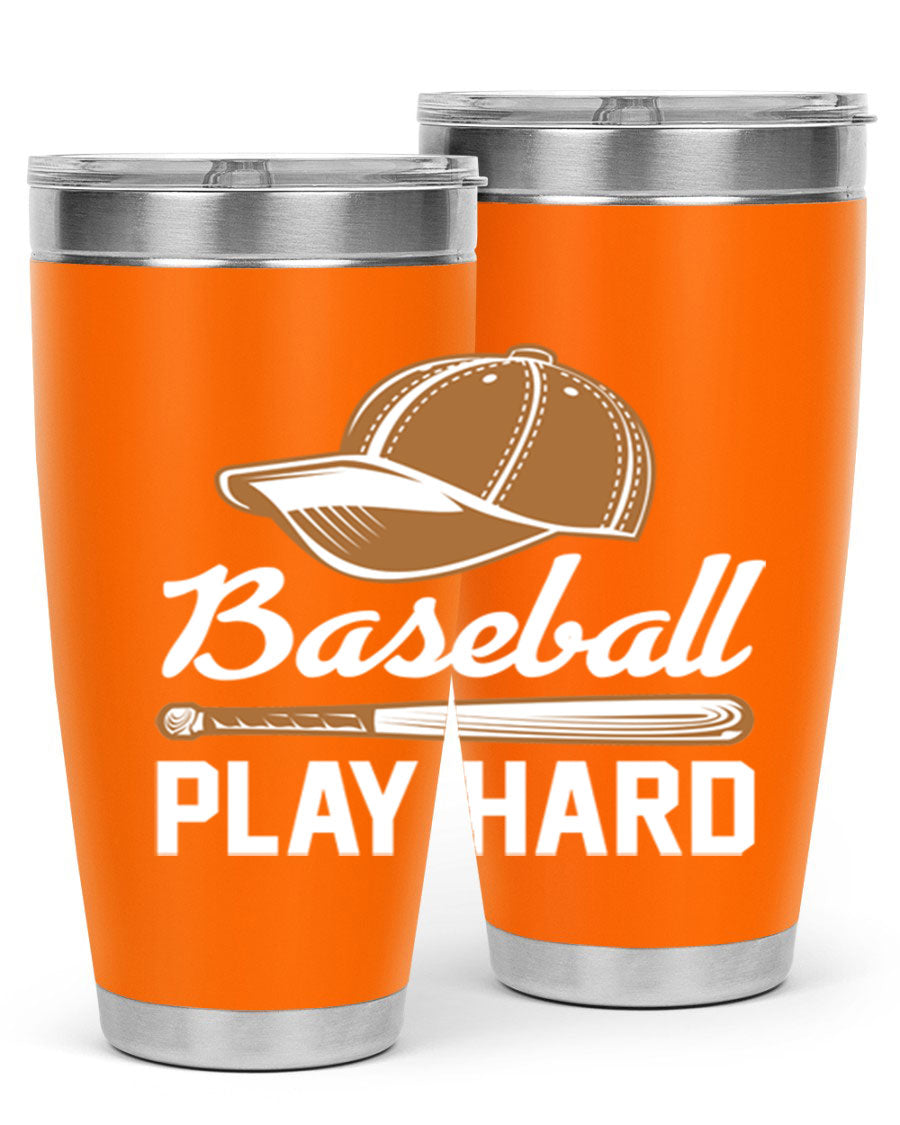 Baseball play 1444# Tumbler in stainless steel with a drink-thru lid, showcasing its sleek design and vibrant baseball-themed print.