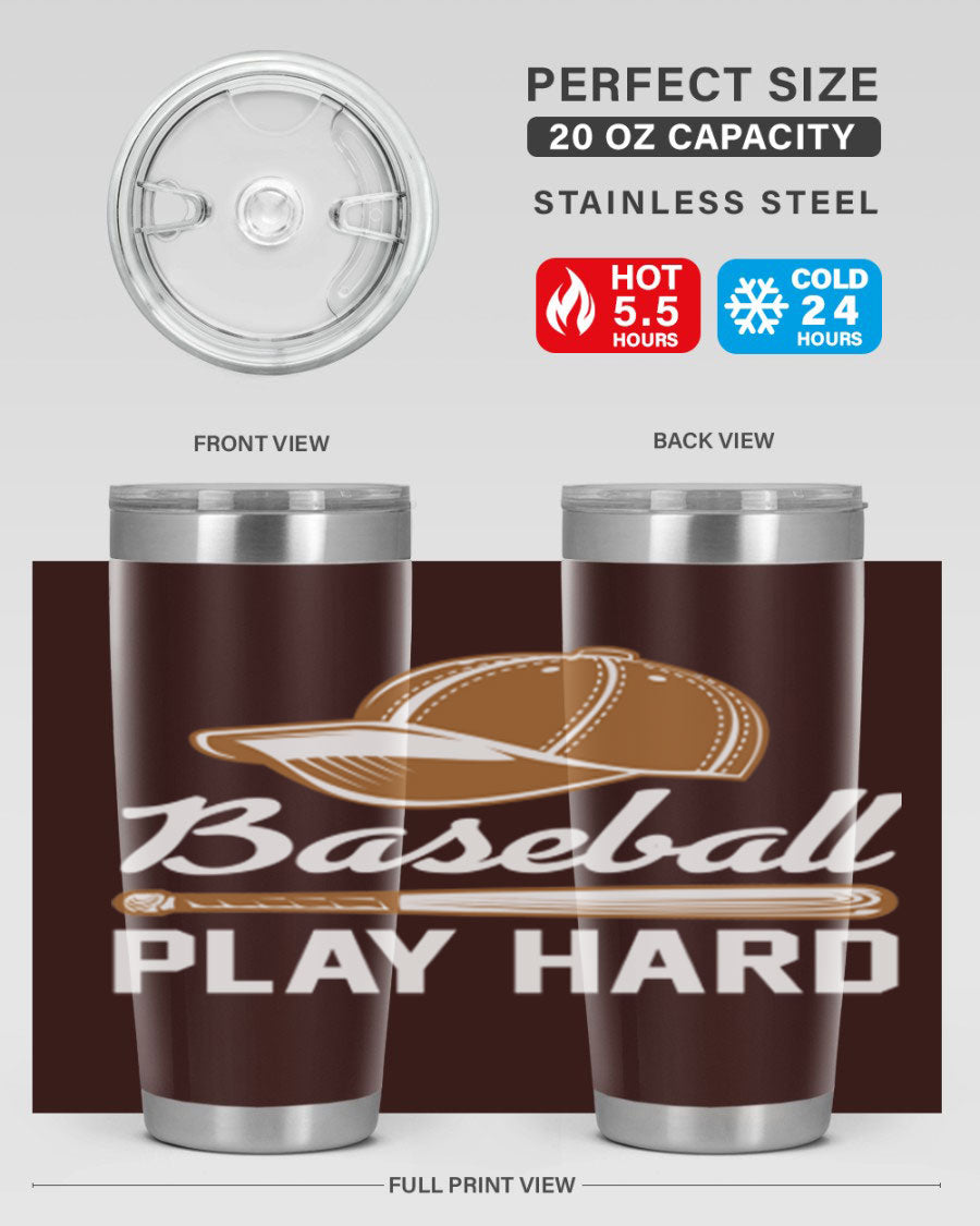 Baseball play 1444# Tumbler in stainless steel with a drink-thru lid, showcasing its sleek design and vibrant baseball-themed print.