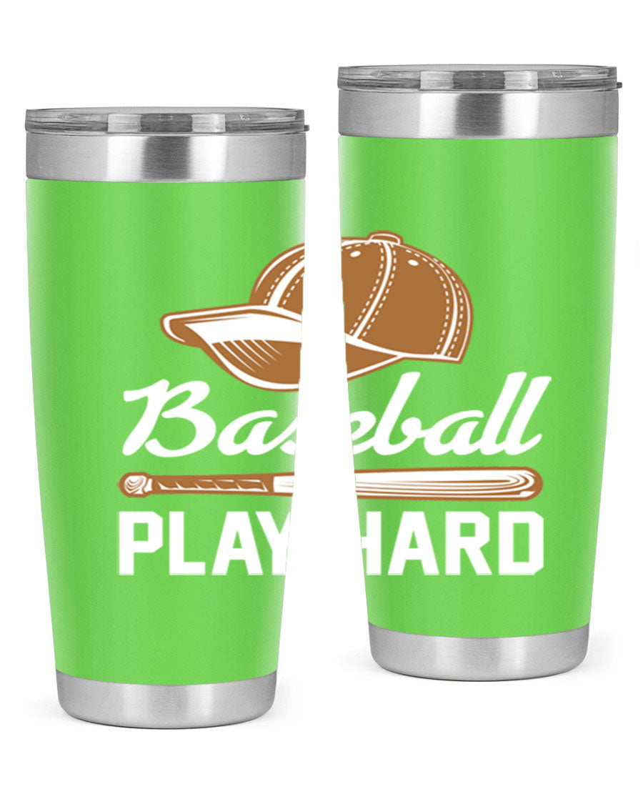 Baseball play 1444# Tumbler in stainless steel with a drink-thru lid, showcasing its sleek design and vibrant baseball-themed print.