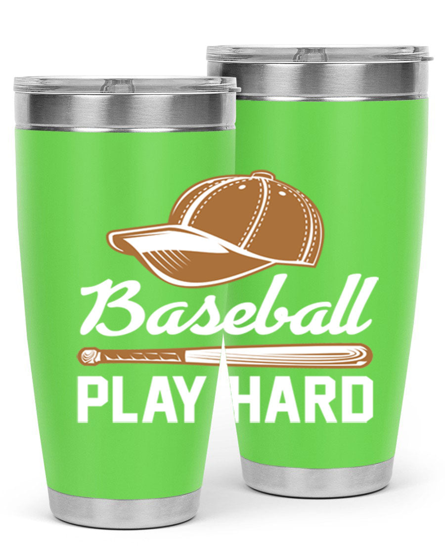 Baseball play 1444# Tumbler in stainless steel with a drink-thru lid, showcasing its sleek design and vibrant baseball-themed print.