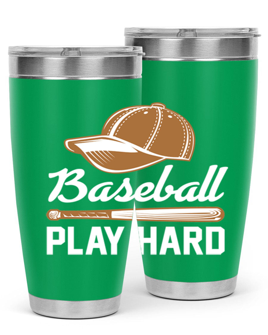 Baseball play 1444# Tumbler in stainless steel with a drink-thru lid, showcasing its sleek design and vibrant baseball-themed print.