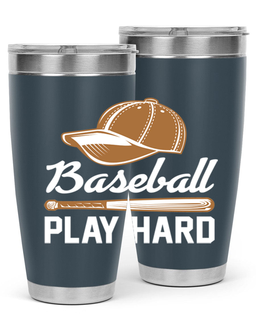 Baseball play 1444# Tumbler in stainless steel with a drink-thru lid, showcasing its sleek design and vibrant baseball-themed print.