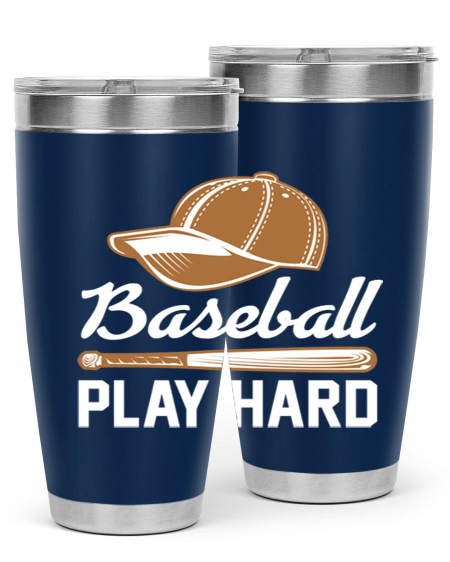 Baseball play 1444# Tumbler in stainless steel with a drink-thru lid, showcasing its sleek design and vibrant baseball-themed print.