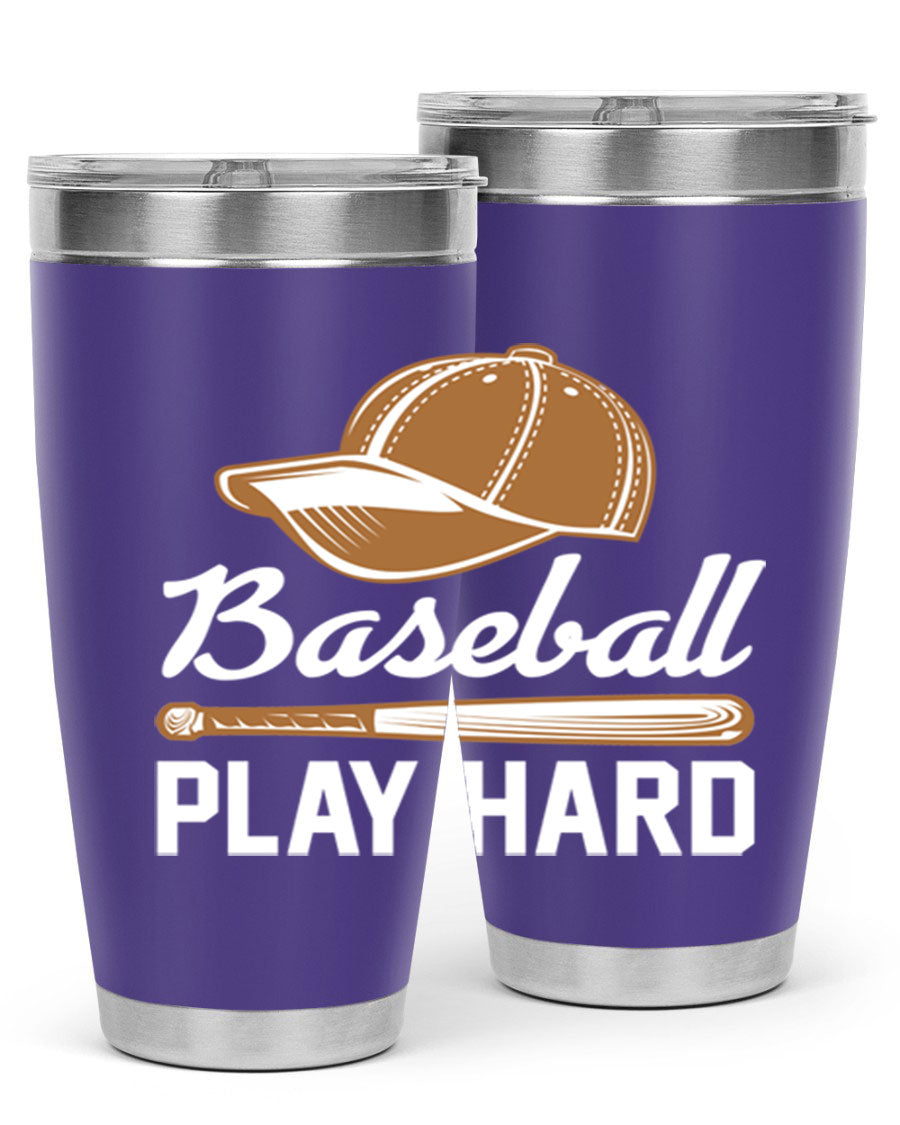 Baseball play 1444# Tumbler in stainless steel with a drink-thru lid, showcasing its sleek design and vibrant baseball-themed print.