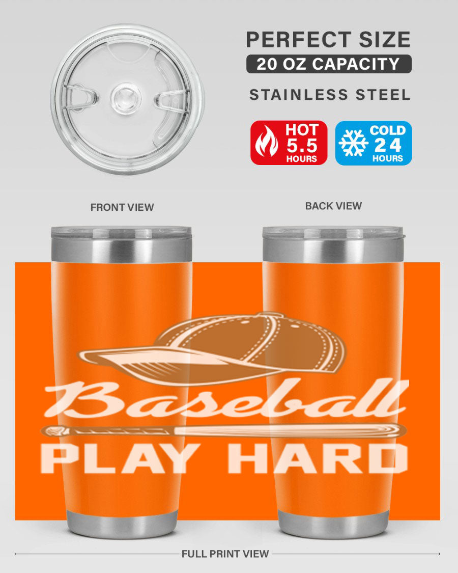 Baseball play 1444# Tumbler in stainless steel with a drink-thru lid, showcasing its sleek design and vibrant baseball-themed print.