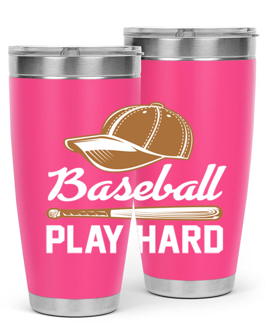 Baseball play 1444# Tumbler in stainless steel with a drink-thru lid, showcasing its sleek design and vibrant baseball-themed print.