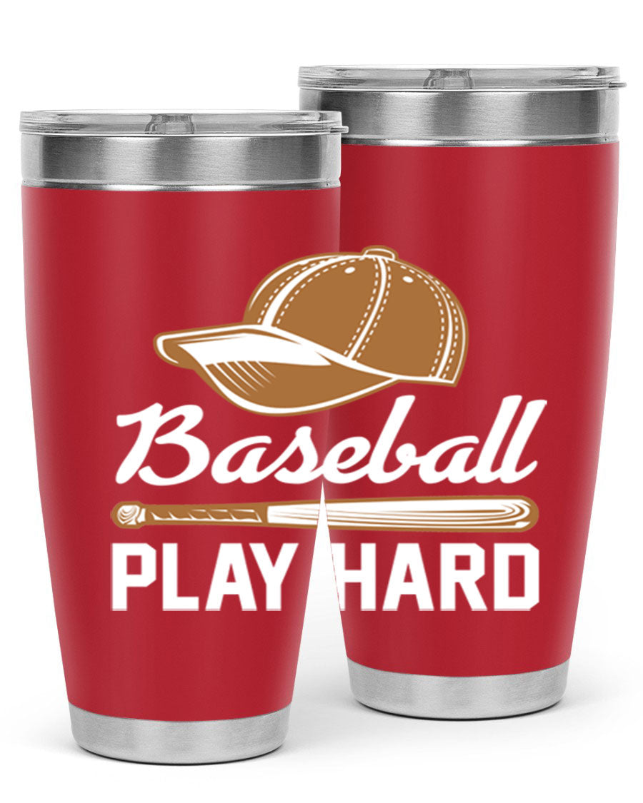 Baseball play 1444# Tumbler in stainless steel with a drink-thru lid, showcasing its sleek design and vibrant baseball-themed print.