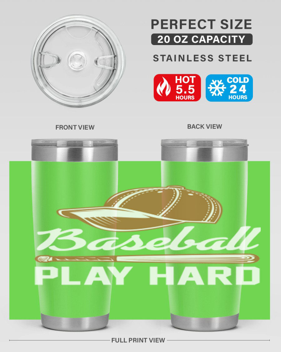 Baseball play 1444# Tumbler in stainless steel with a drink-thru lid, showcasing its sleek design and vibrant baseball-themed print.