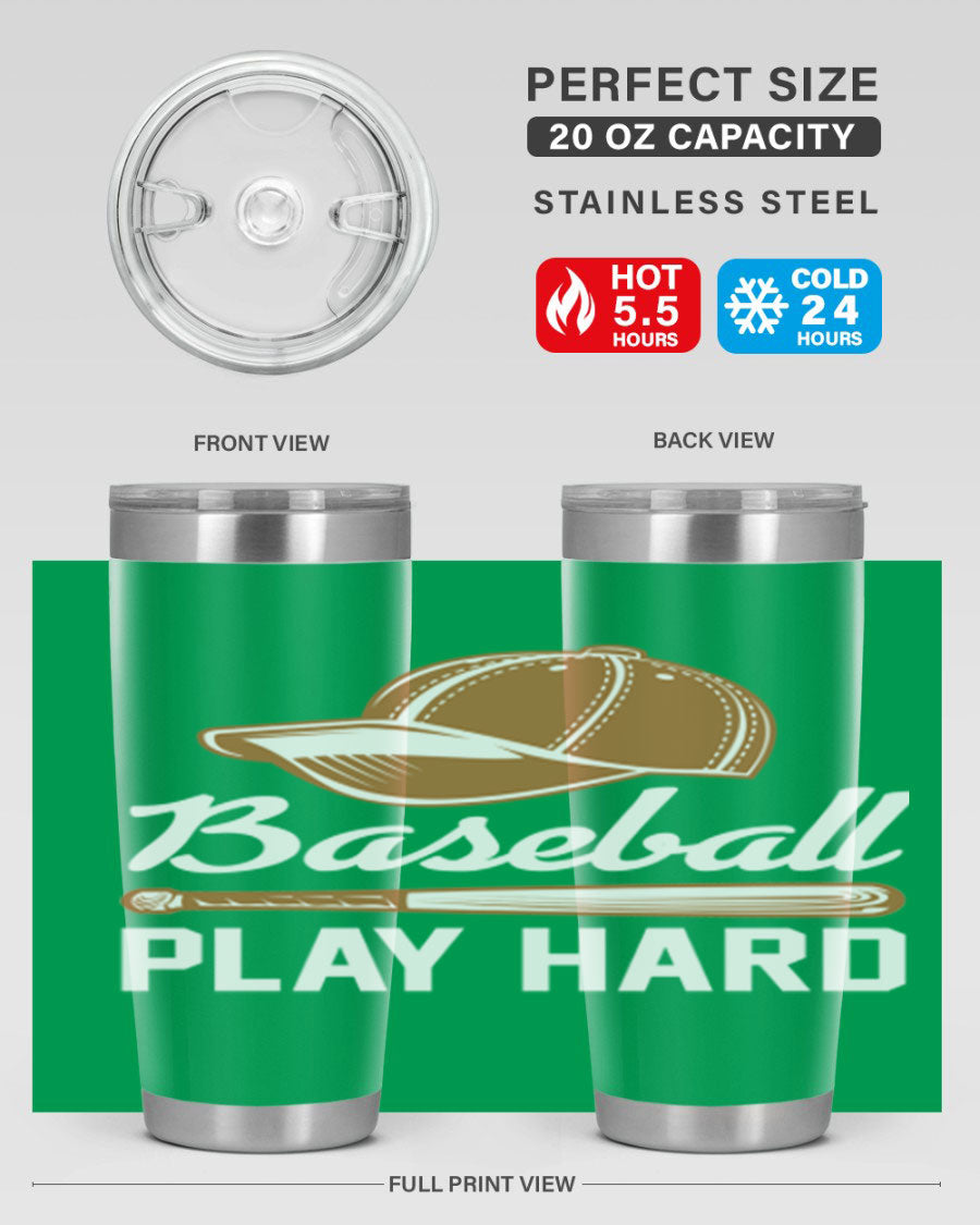 Baseball play 1444# Tumbler in stainless steel with a drink-thru lid, showcasing its sleek design and vibrant baseball-themed print.