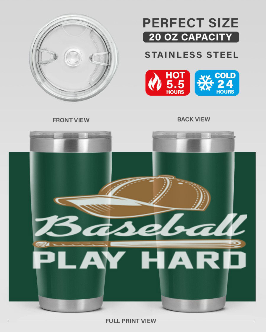 Baseball play 1444# Tumbler in stainless steel with a drink-thru lid, showcasing its sleek design and vibrant baseball-themed print.