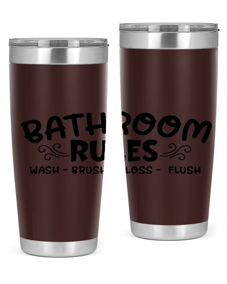 Bathroom Rules Wash Brush Floss Flush 20oz tumbler made of stainless steel with a drink-thru lid, featuring a stylish printed design.