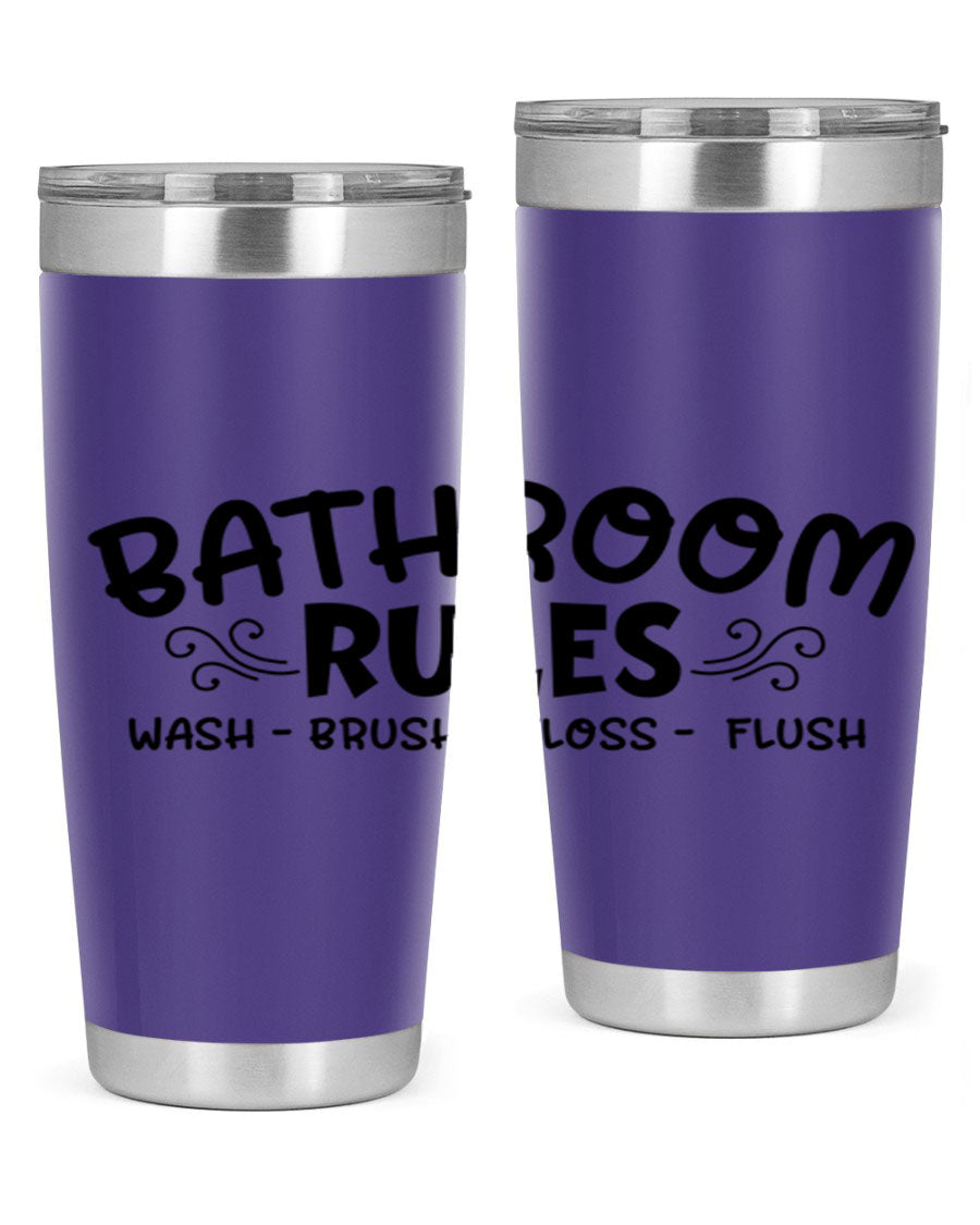 Bathroom Rules Wash Brush Floss Flush 20oz tumbler made of stainless steel with a drink-thru lid, featuring a stylish printed design.