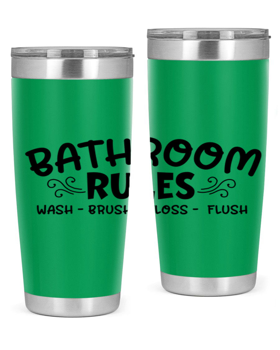 Bathroom Rules Wash Brush Floss Flush 20oz tumbler made of stainless steel with a drink-thru lid, featuring a stylish printed design.