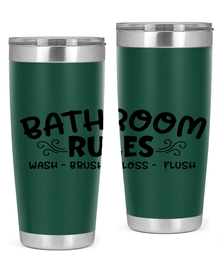 Bathroom Rules Wash Brush Floss Flush 20oz tumbler made of stainless steel with a drink-thru lid, featuring a stylish printed design.