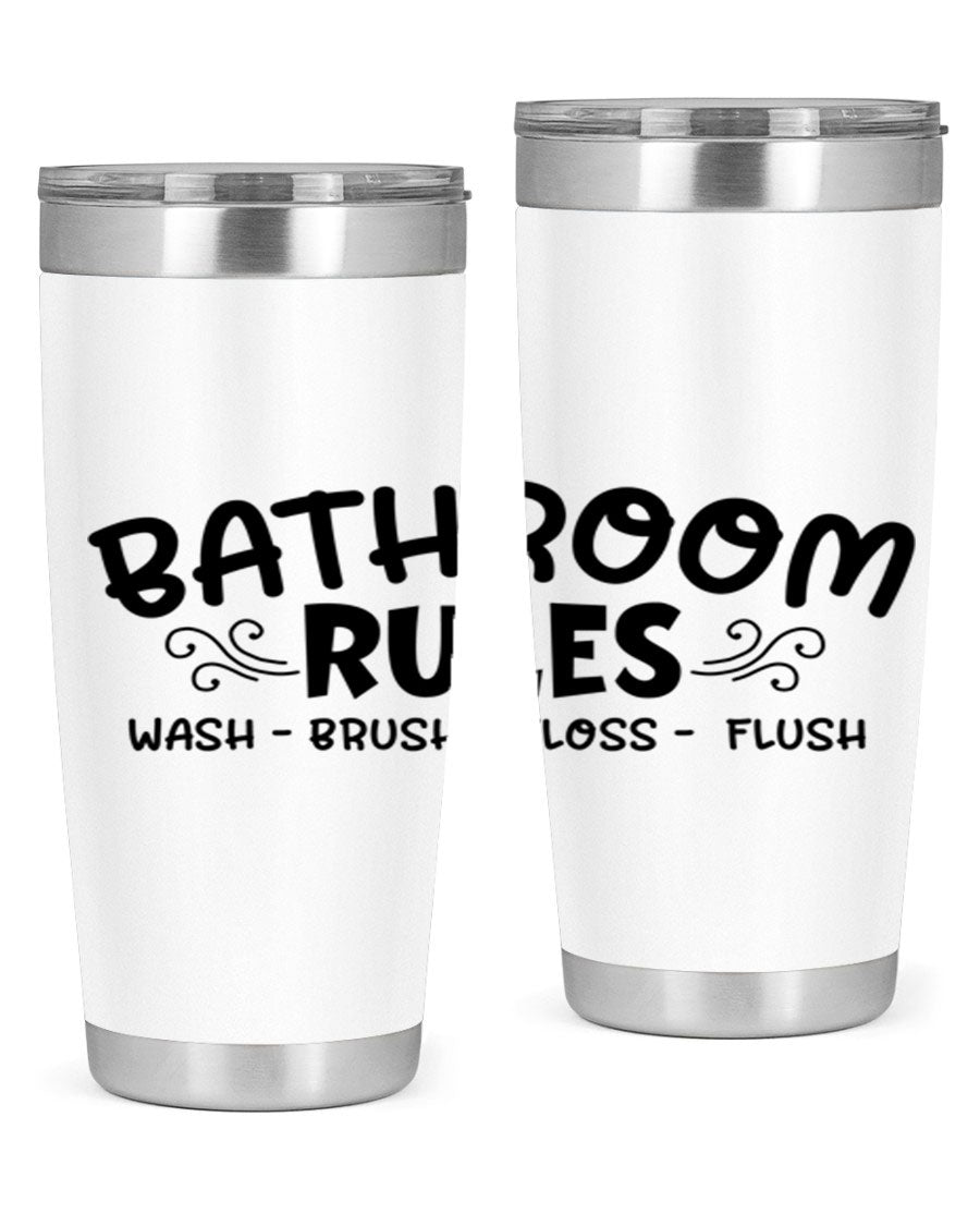 Bathroom Rules Wash Brush Floss Flush 20oz tumbler made of stainless steel with a drink-thru lid, featuring a stylish printed design.