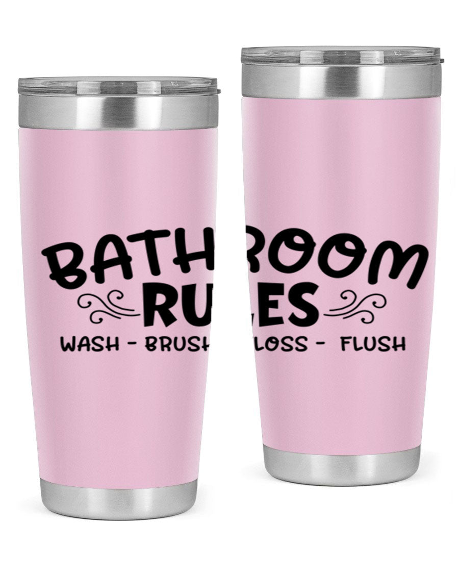 Bathroom Rules Wash Brush Floss Flush 20oz tumbler made of stainless steel with a drink-thru lid, featuring a stylish printed design.