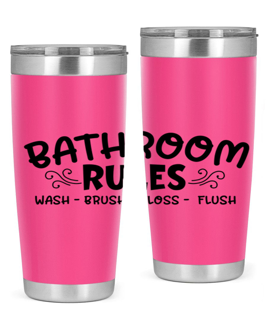 Bathroom Rules Wash Brush Floss Flush 20oz tumbler made of stainless steel with a drink-thru lid, featuring a stylish printed design.