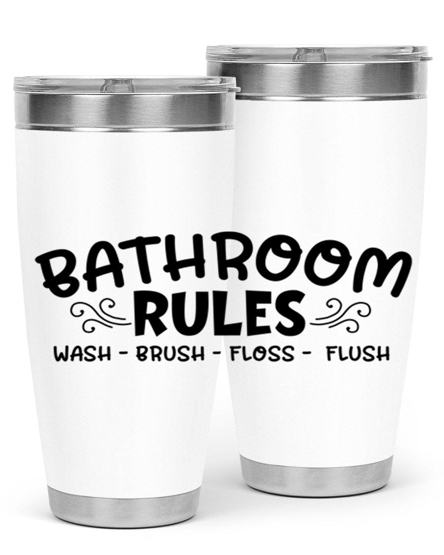 Bathroom Rules Wash Brush Floss Flush 20oz tumbler made of stainless steel with a drink-thru lid, featuring a stylish printed design.