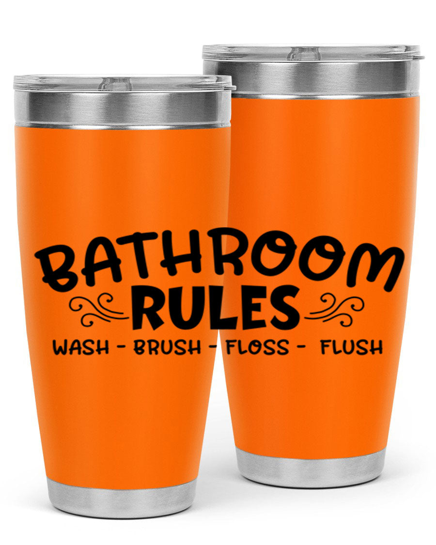 Bathroom Rules Wash Brush Floss Flush 20oz tumbler made of stainless steel with a drink-thru lid, featuring a stylish printed design.