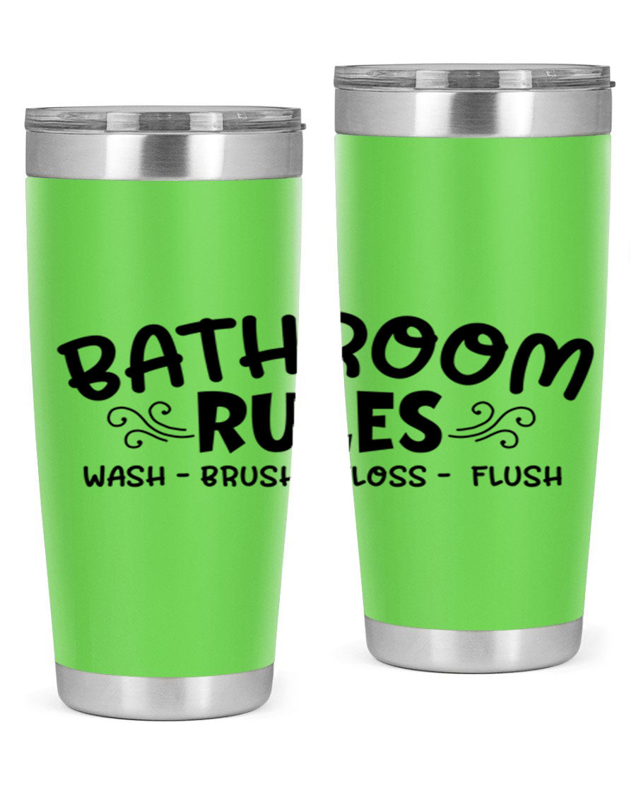 Bathroom Rules Wash Brush Floss Flush 20oz tumbler made of stainless steel with a drink-thru lid, featuring a stylish printed design.