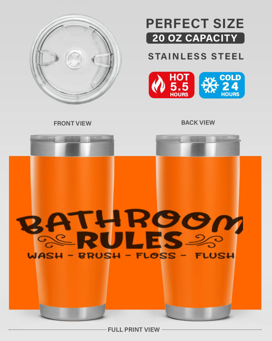 Bathroom Rules Wash Brush Floss Flush 20oz tumbler made of stainless steel with a drink-thru lid, featuring a stylish printed design.