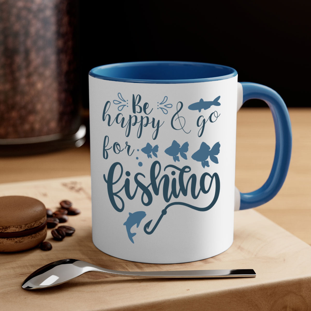 Be Happy and Go 179# Fishing Mug with colorful handle and glossy finish, perfect for coffee or tea.