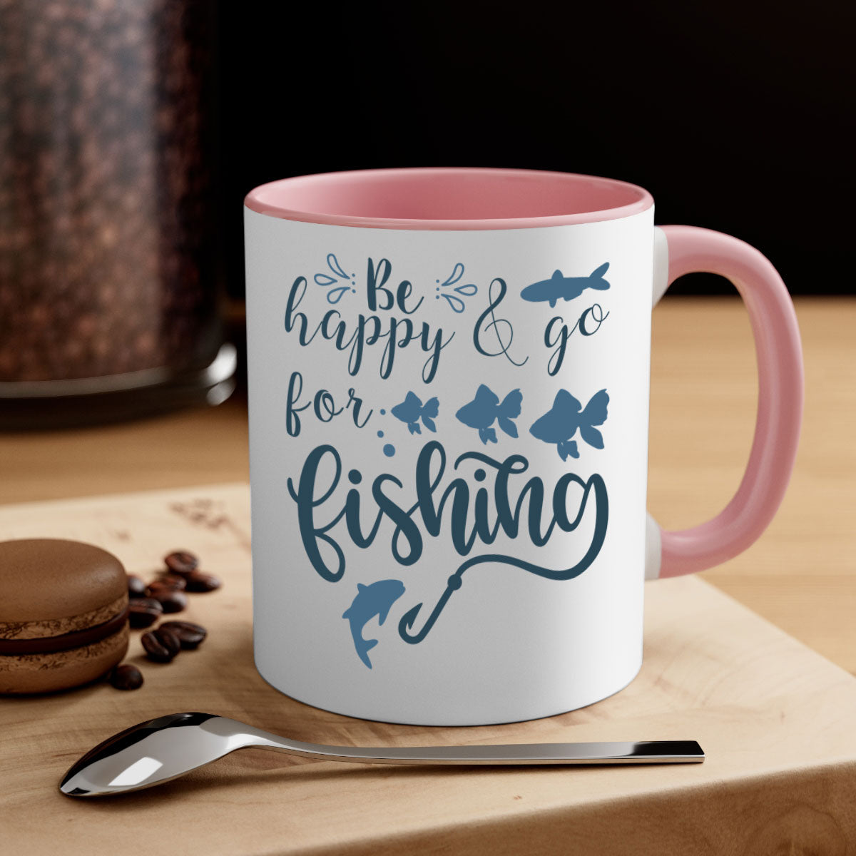 Be Happy and Go 179# Fishing Mug with colorful handle and glossy finish, perfect for coffee or tea.