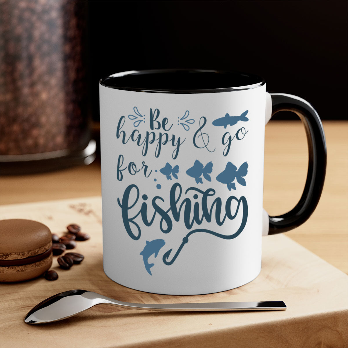 Be Happy and Go 179# Fishing Mug with colorful handle and glossy finish, perfect for coffee or tea.