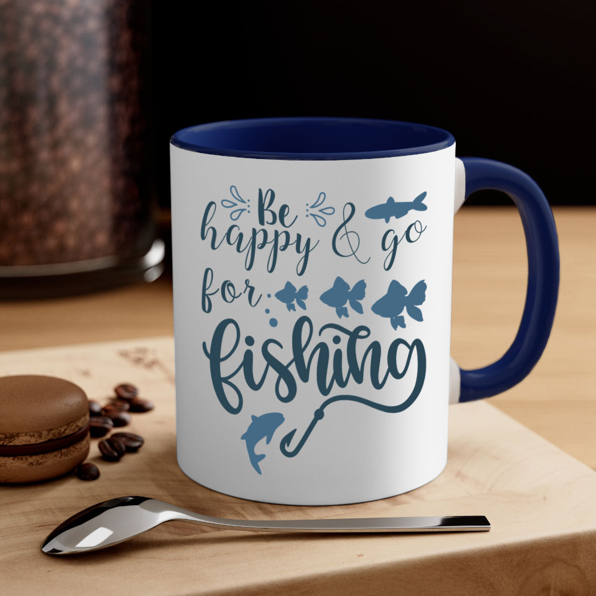 Be Happy and Go 179# Fishing Mug with colorful handle and glossy finish, perfect for coffee or tea.