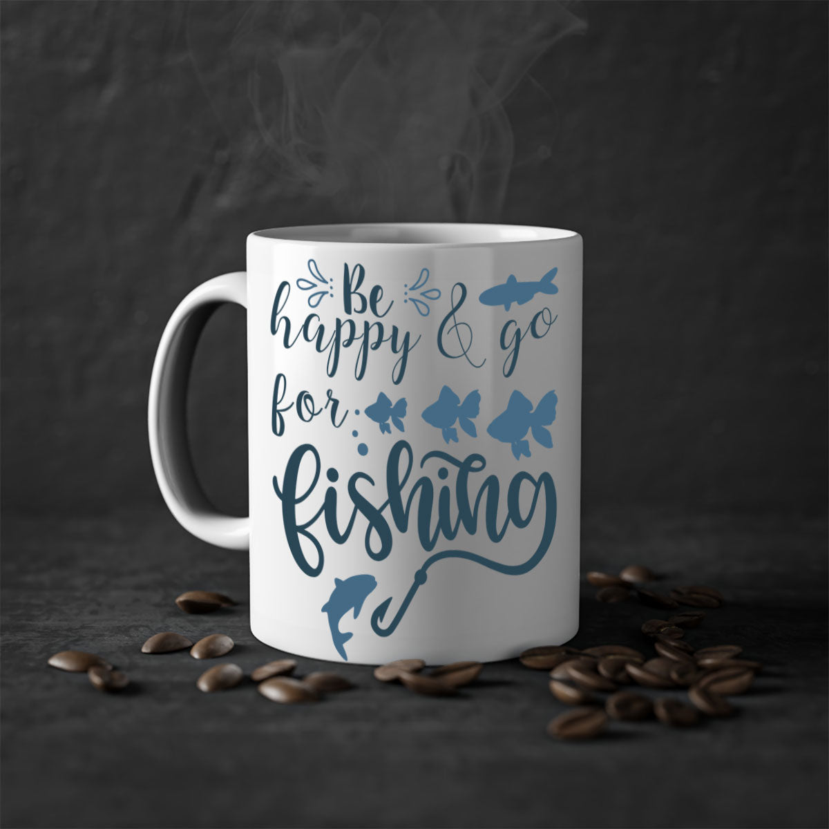 Be Happy and Go 179# Fishing Mug with colorful handle and glossy finish, perfect for coffee or tea.